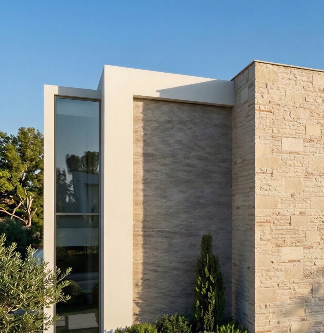 Dar cam şerit ve doğal taş villa cephesi